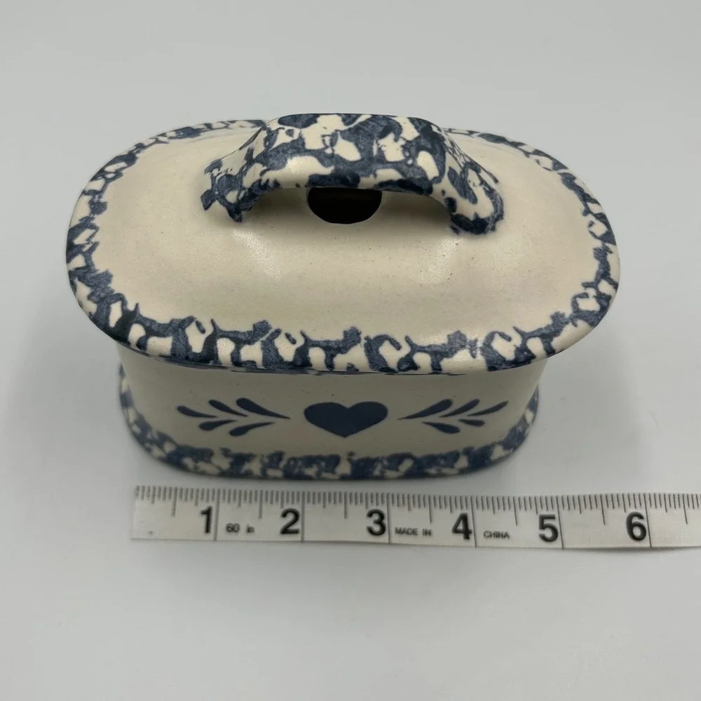 Blue Spongeware Heart Pottery Butter Dish Lid Farmhouse Stoneware Trinket Box